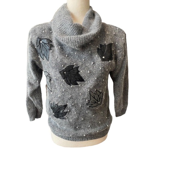 Angora Sweater Silk Gray Embellished Pearls Small Medium‎ Cowl Neck Vintage 90s - Picture 2 of 8